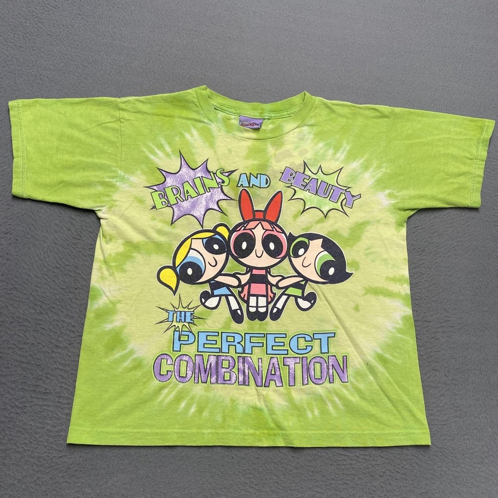 VTG Powerpuff Girls Shirt Womens Medium Green Tie Dye Cartoon Network 2000